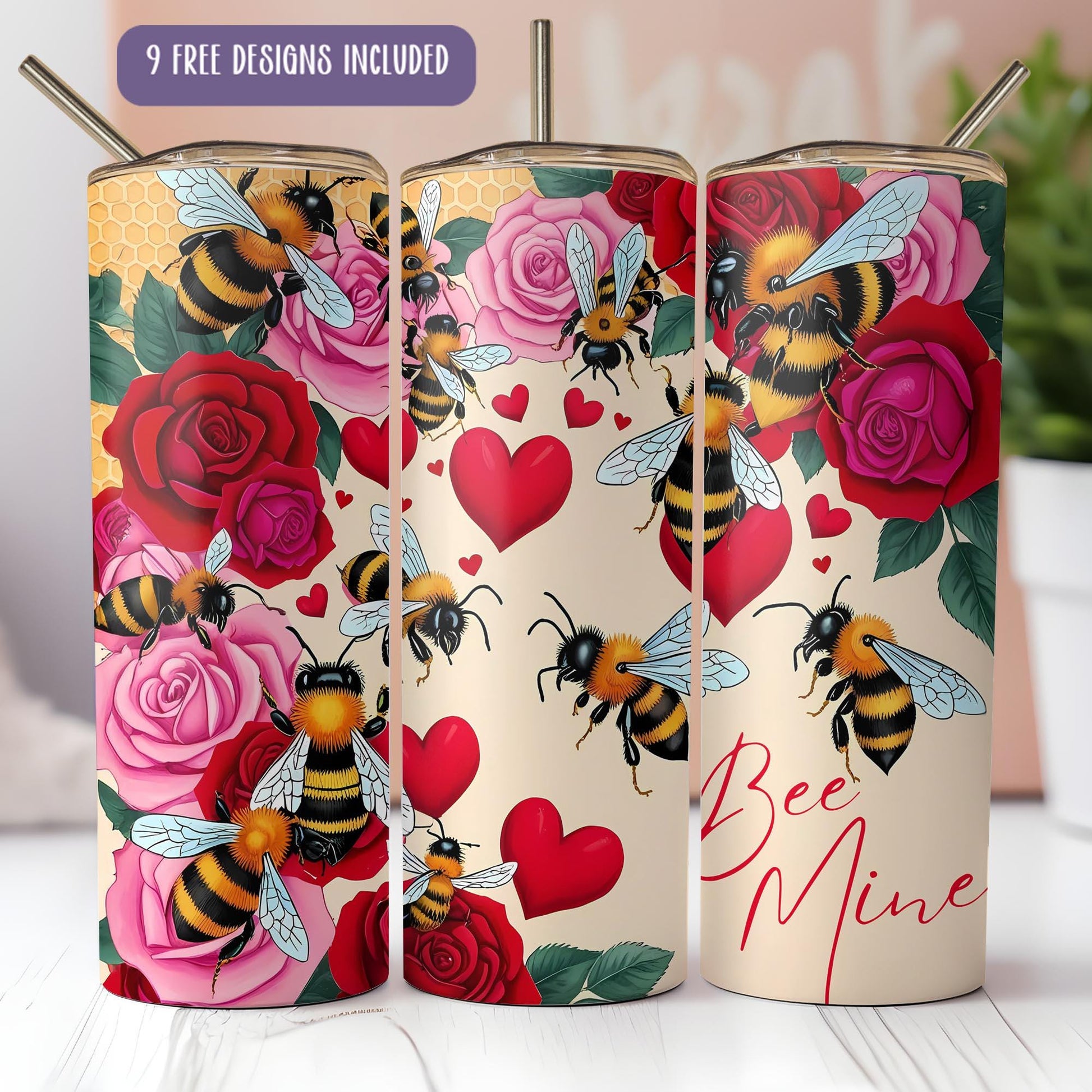 a set of three tumbles with bees and roses on them