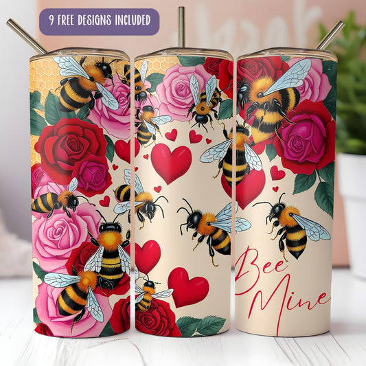 a set of three tumbles with bees and roses on them