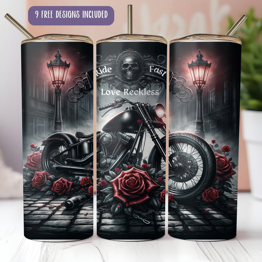 a set of three travel mugs with a picture of a motorcycle