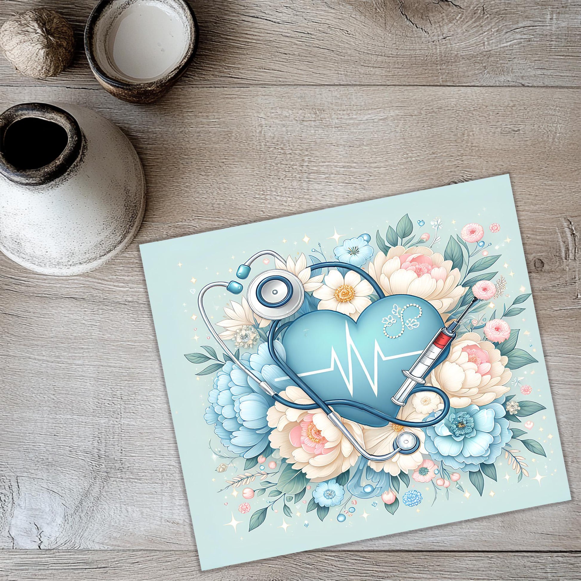 a card with a stethoscope and flowers on it