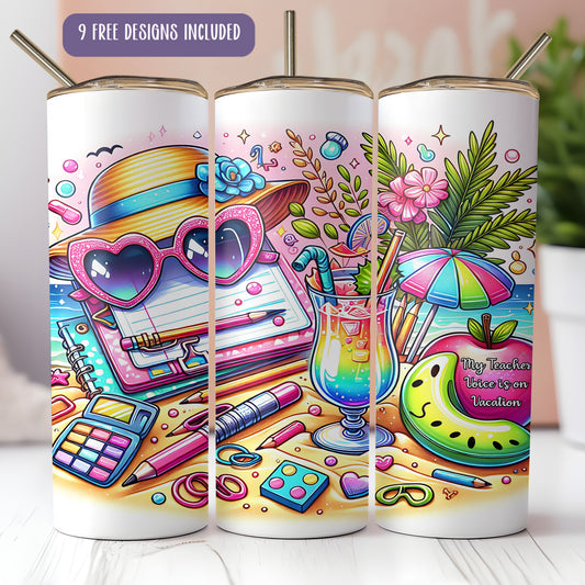 A colorful and whimsical design of a straw tumbler with various objects and illustrations, including sunglasses, a hat, a cocktail glass, and a beach scene.