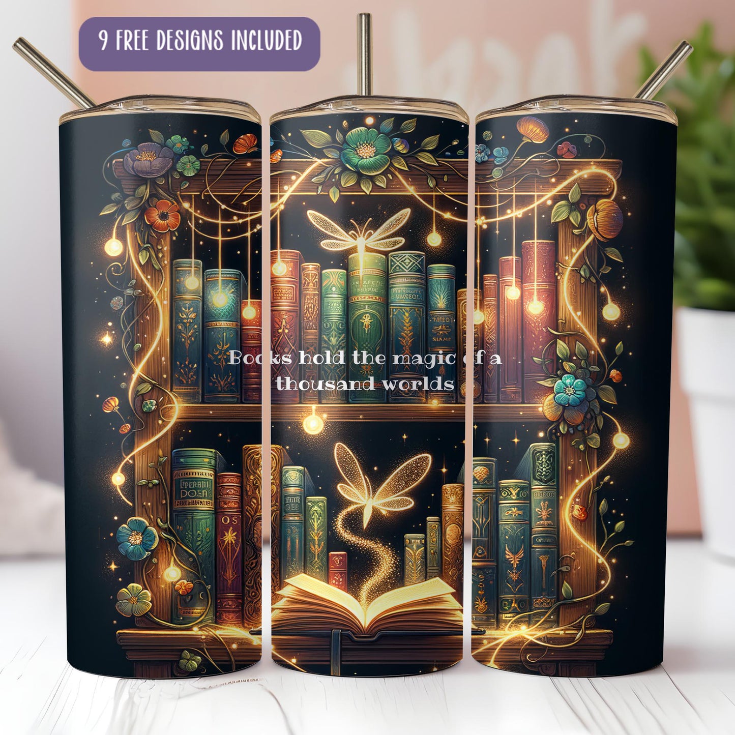 a set of three coffee mugs with books and lights on them