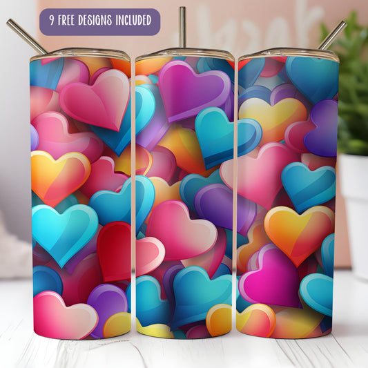 a set of three tumbles with hearts on them