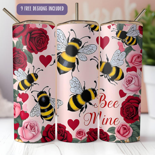 three pink tumbles with bees and roses on them