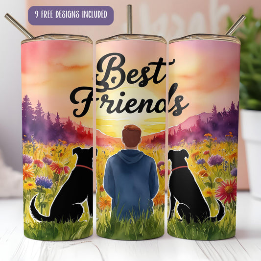 a couple of cans with a picture of a man and a dog on them