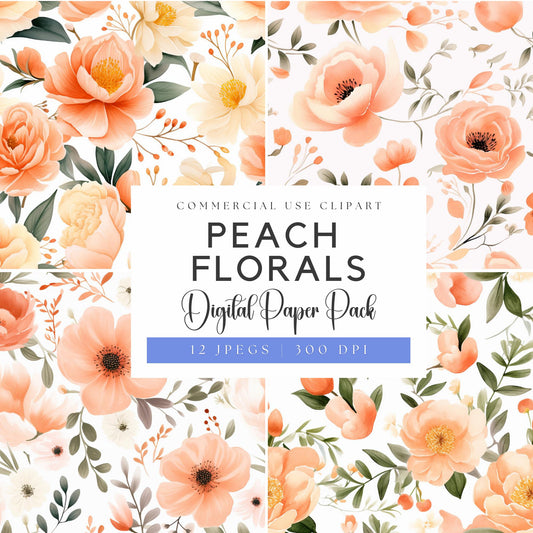 Watercolor Peach Floral Digital Papers