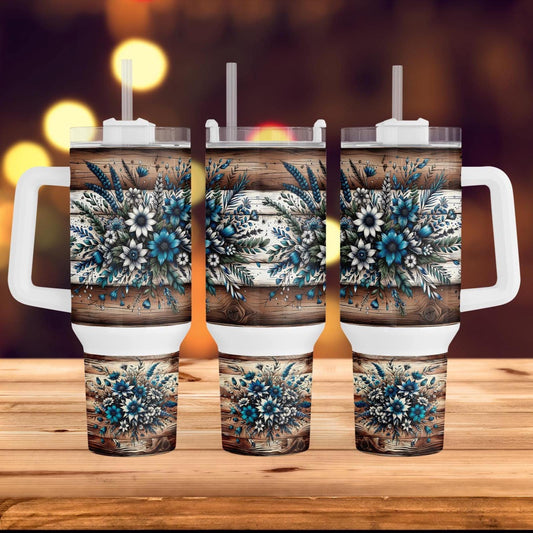 a couple of cups sitting on top of a wooden table