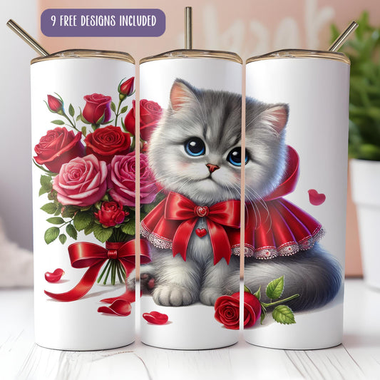 a set of three coffee mugs with a picture of a cat in a dress