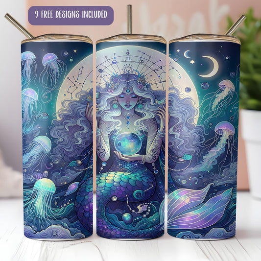 a set of three blue and purple mermaids with jellyfish and jellyfish