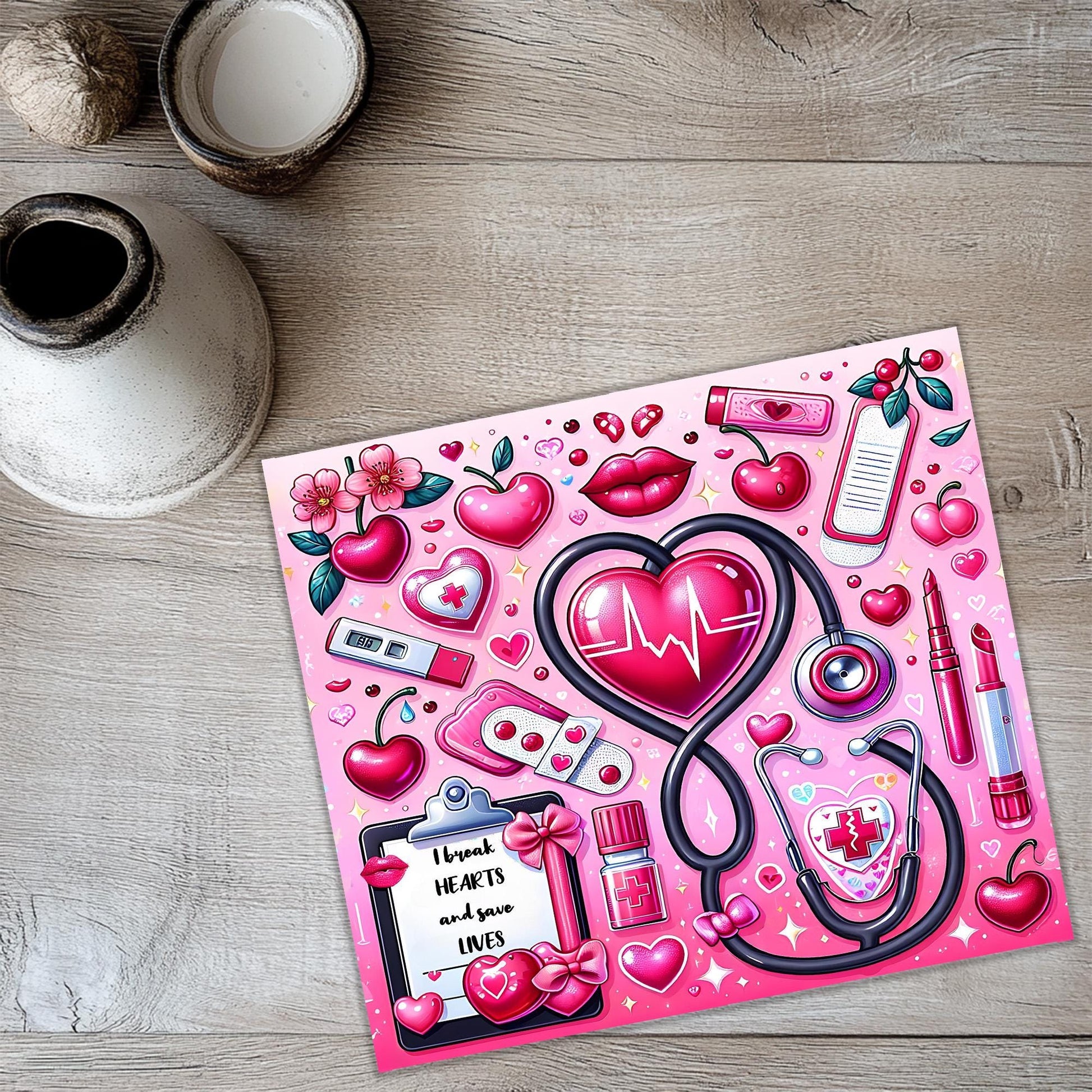 a card with a stethoscope, a heart, a stethos