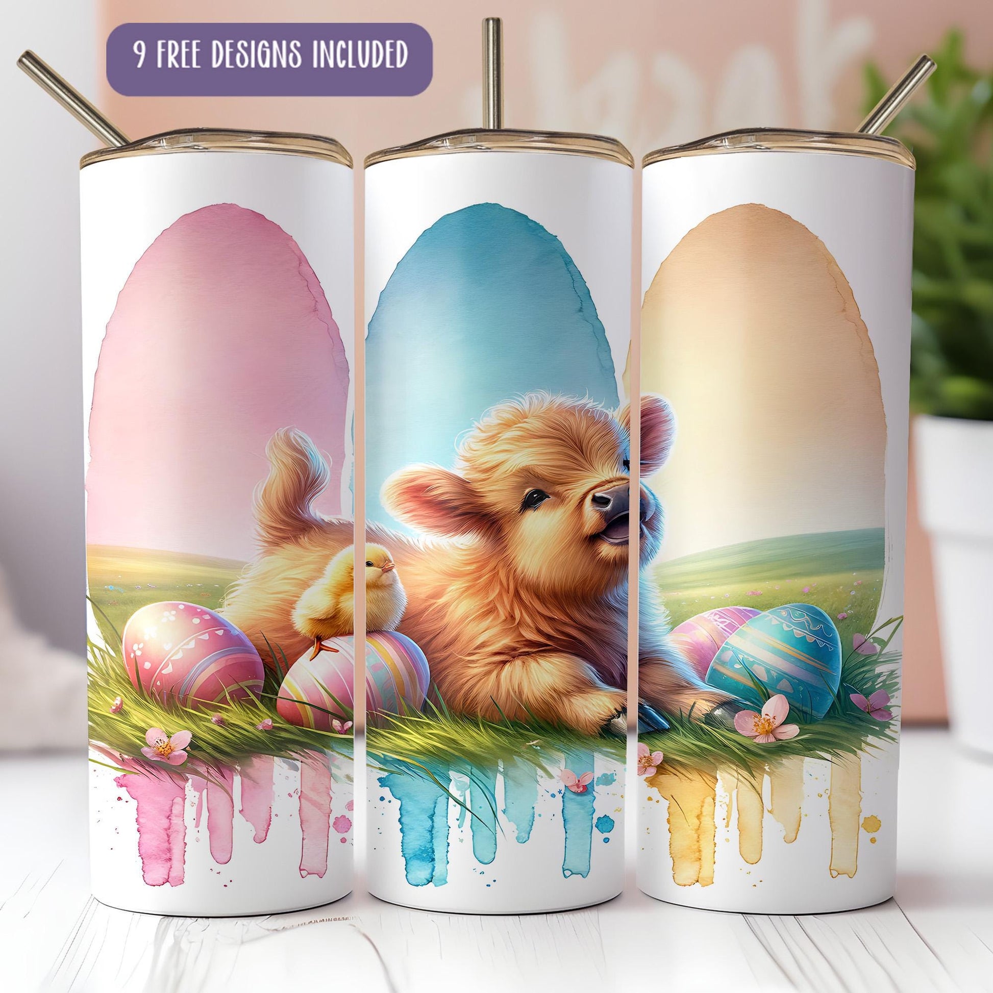 a set of three coffee mugs with a painting of a dog and eggs