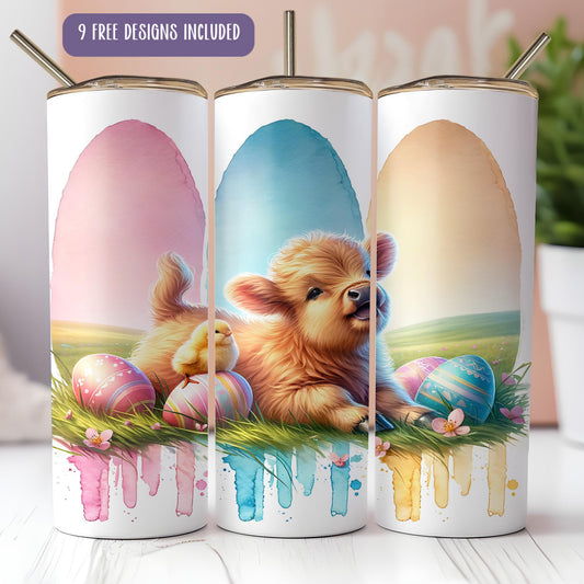 a set of three coffee mugs with a painting of a dog and eggs