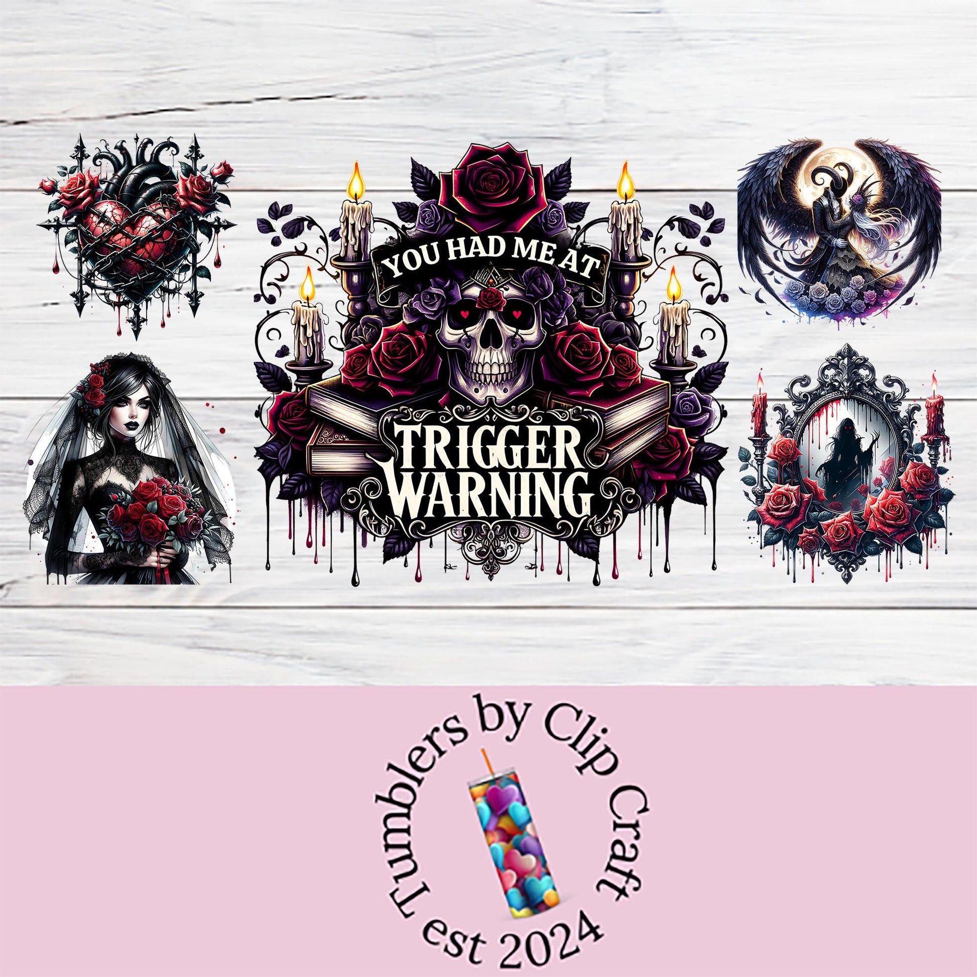 a white wooden background with a skull and roses on it