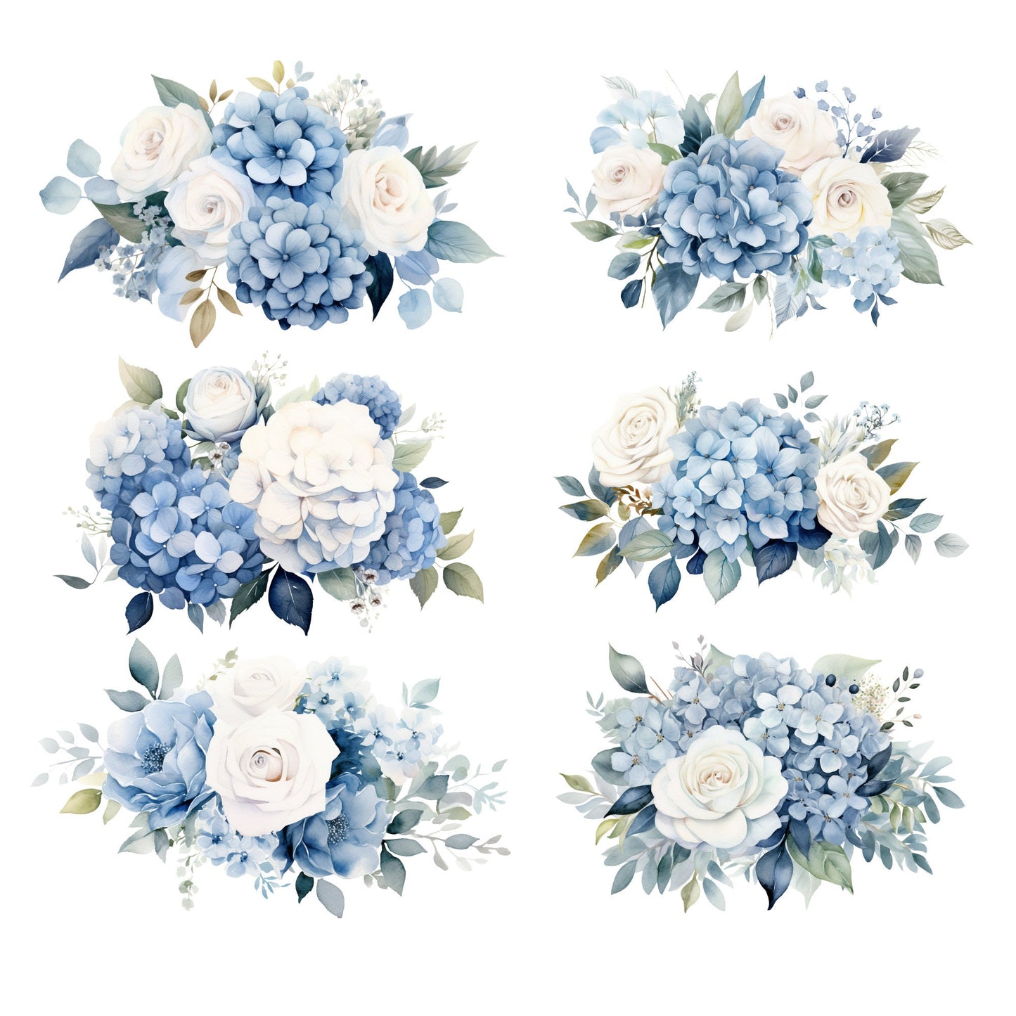 Watercolor Dusty Blue Hydrangea and Rose Floral Clipart