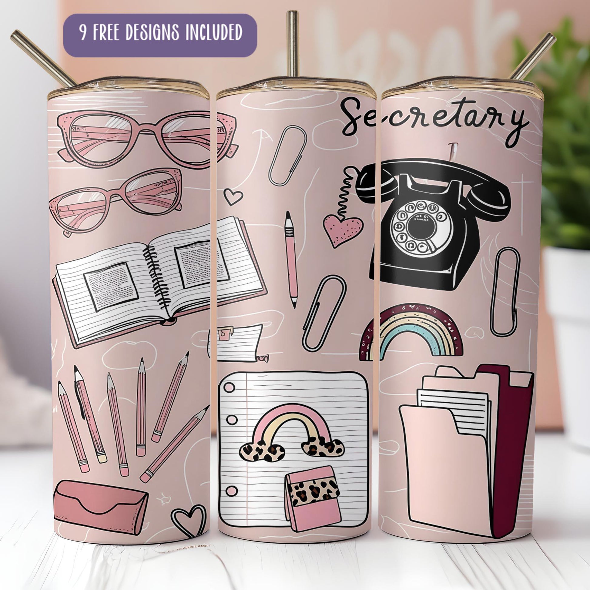 a pair of pink travel mugs with a pattern of books, a phone,