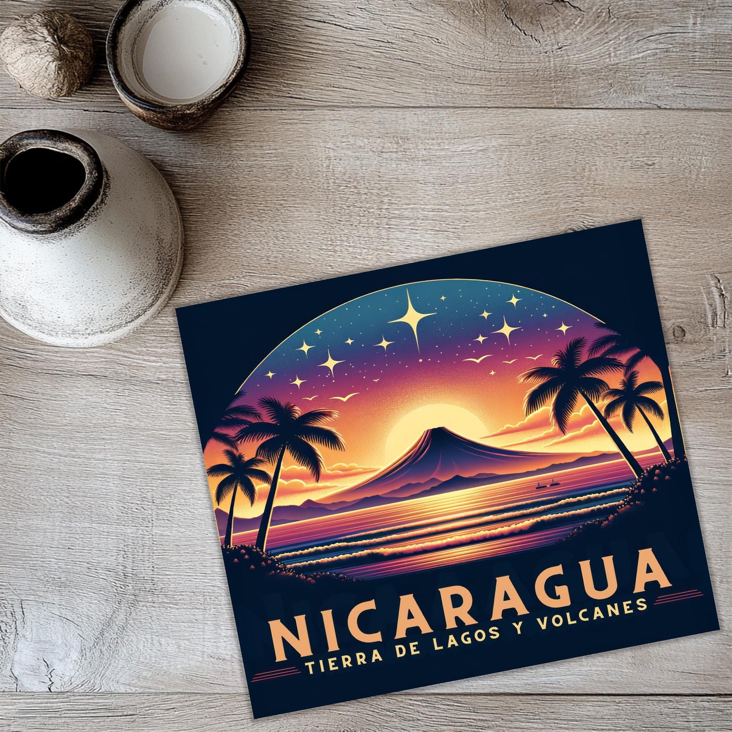 a poster of a volcano in the middle of the night