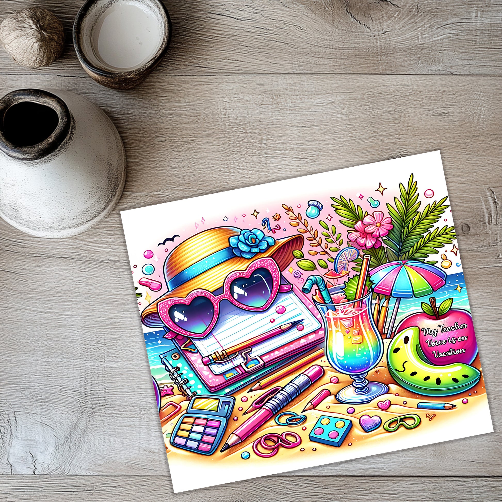 A colorful illustration depicting a whimsical scene with a hat, sunglasses, a cocktail glass, a notebook, and various other objects, all set against a beach or vacation-themed background.