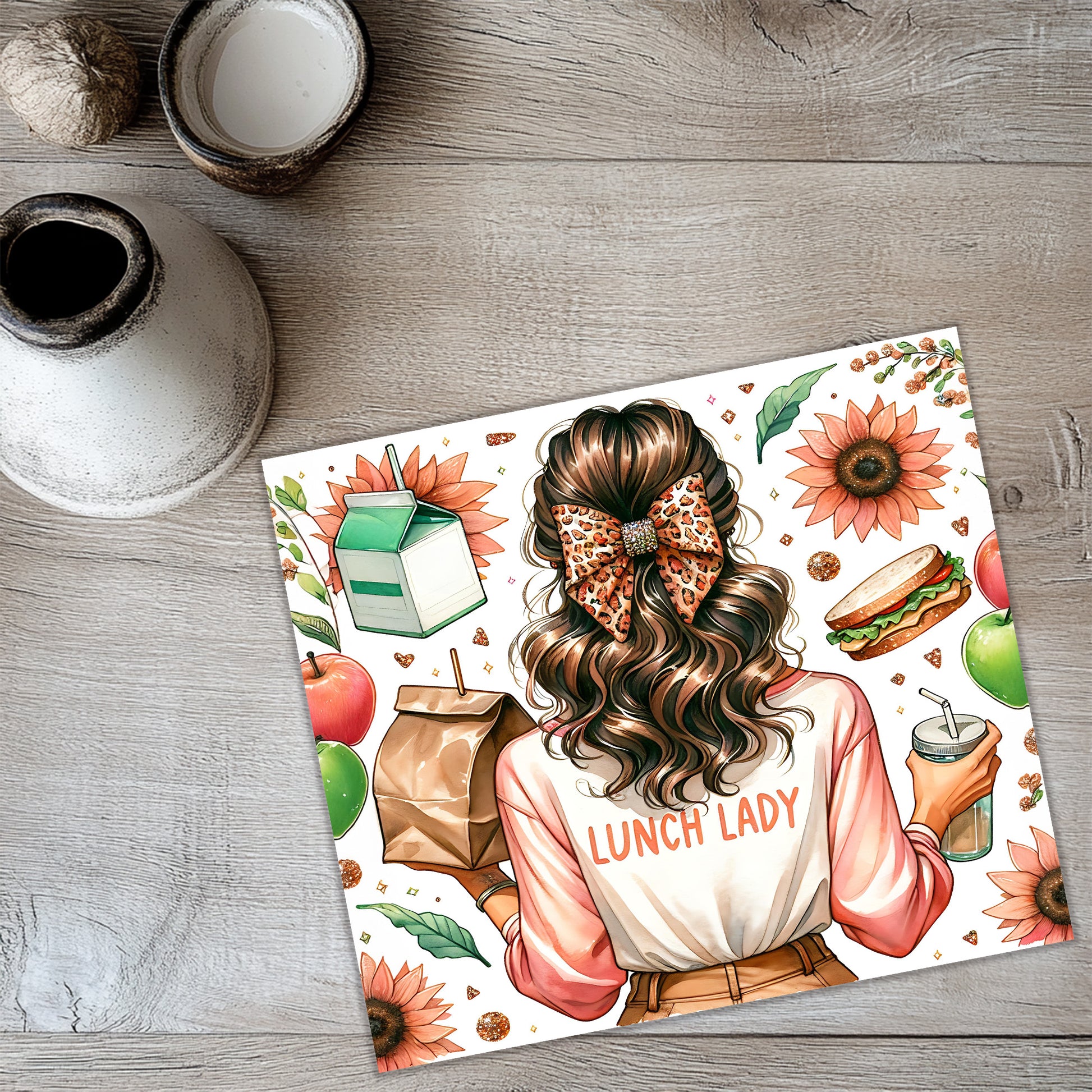 a picture of a lunch lady with a bow in her hair