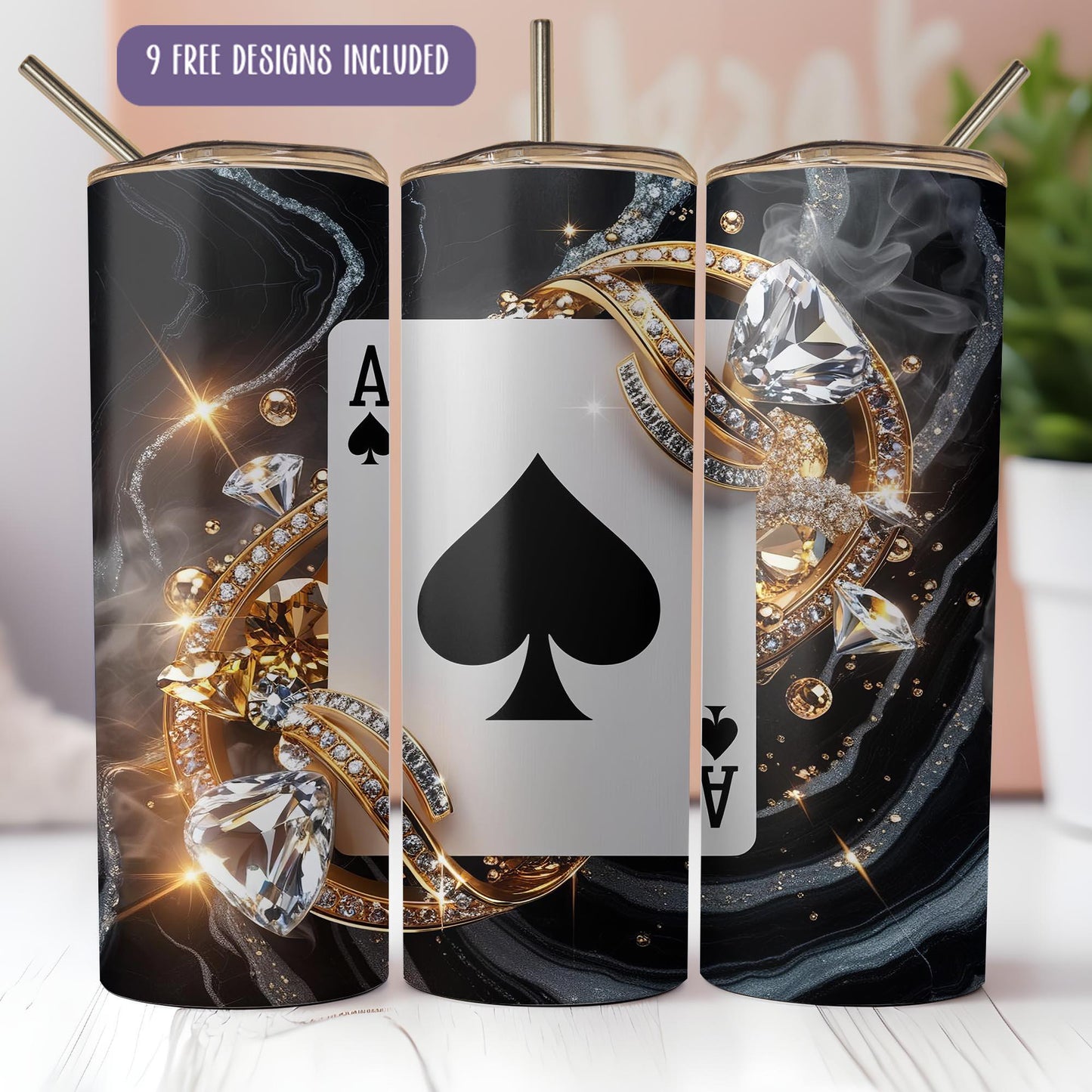a set of four playing cards with diamonds on them
