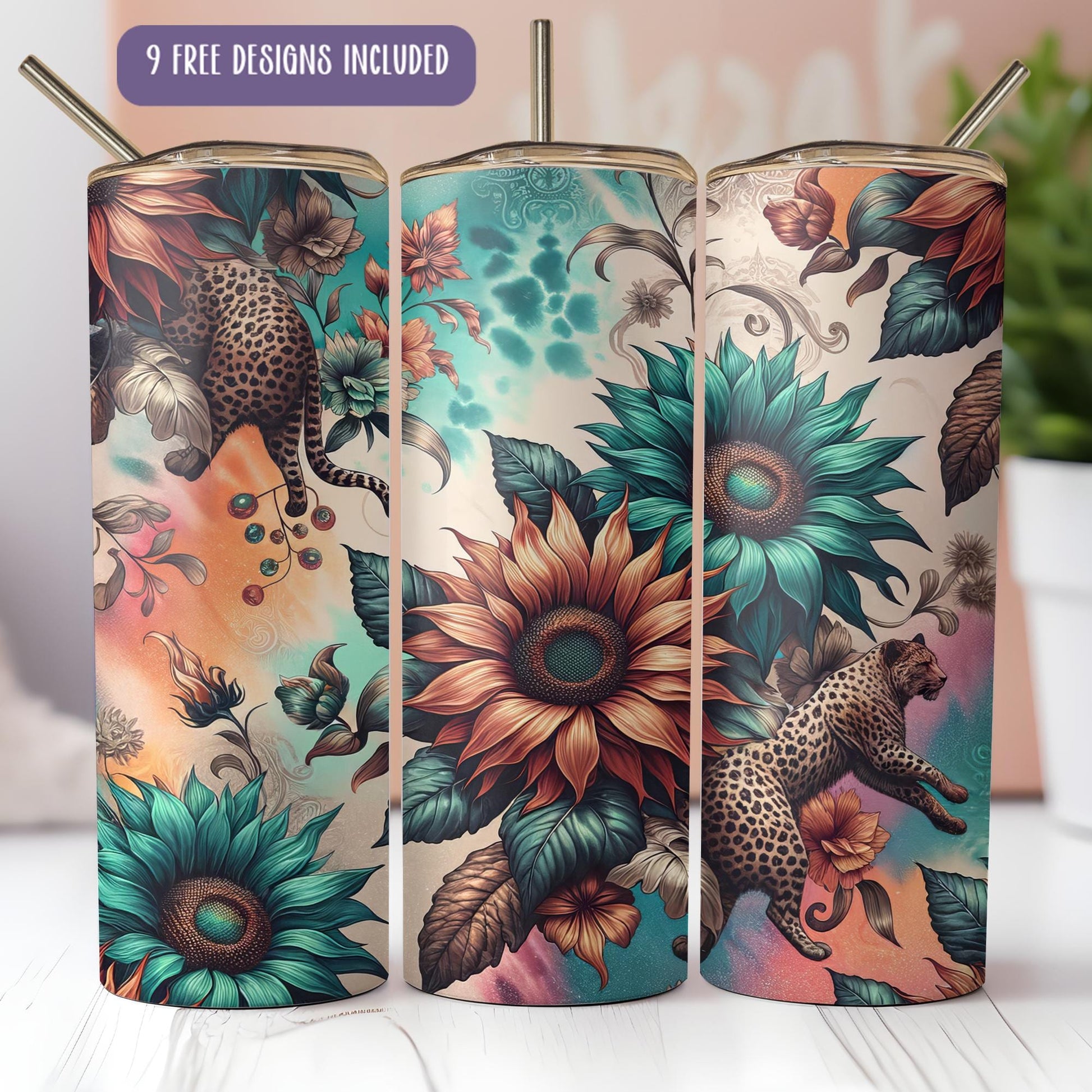 a set of three colorful tumblers with a leopard and sunflower design on them