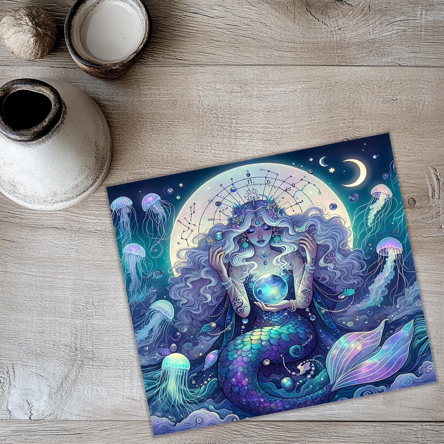 a painting of a mermaid sitting on top of a table