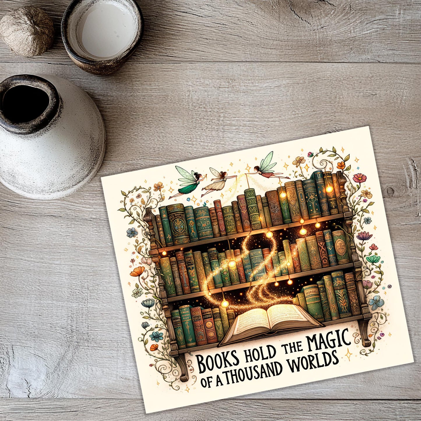 a card with a picture of a book on it