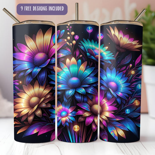 a set of three colorful flowers on a black background