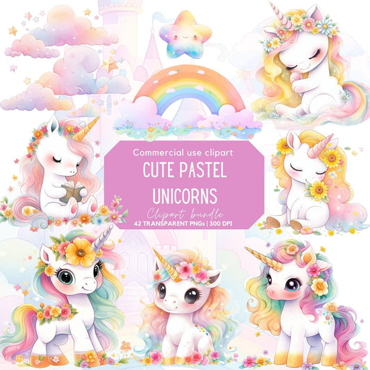 Watercolor Cute Pastel Unicorn Clipart