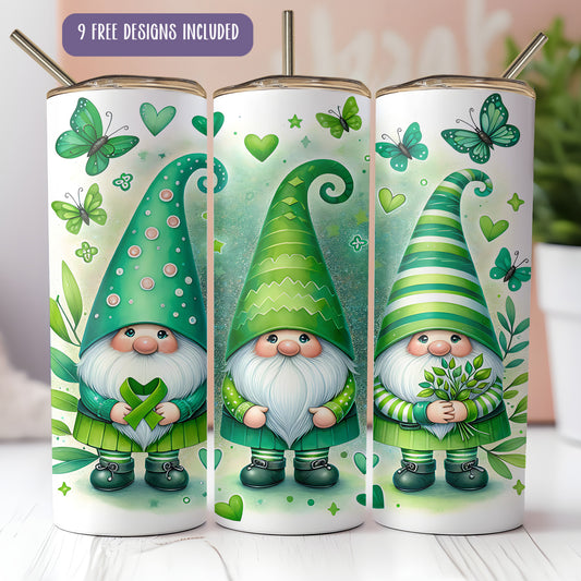 a group of three green gnomes on a white table