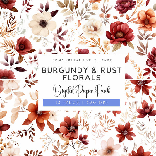 Watercolor Burgundy and Rust Floral Digital Papers
