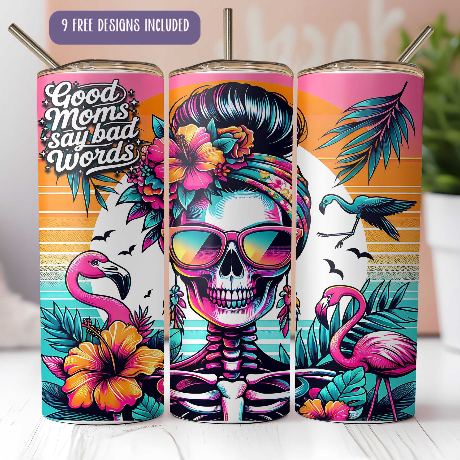 A colorful and vibrant design featuring a skeleton wearing sunglasses and surrounded by tropical elements such as a flamingo, palm tree, and hibiscus flower.