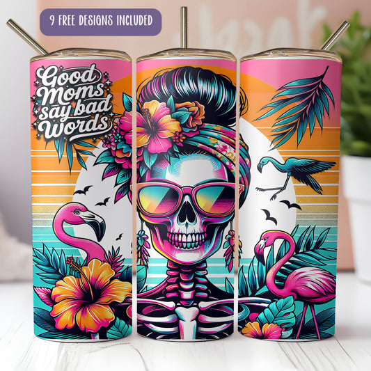 A colorful and vibrant design featuring a skeleton wearing sunglasses and surrounded by tropical elements such as a flamingo, palm tree, and hibiscus flower.