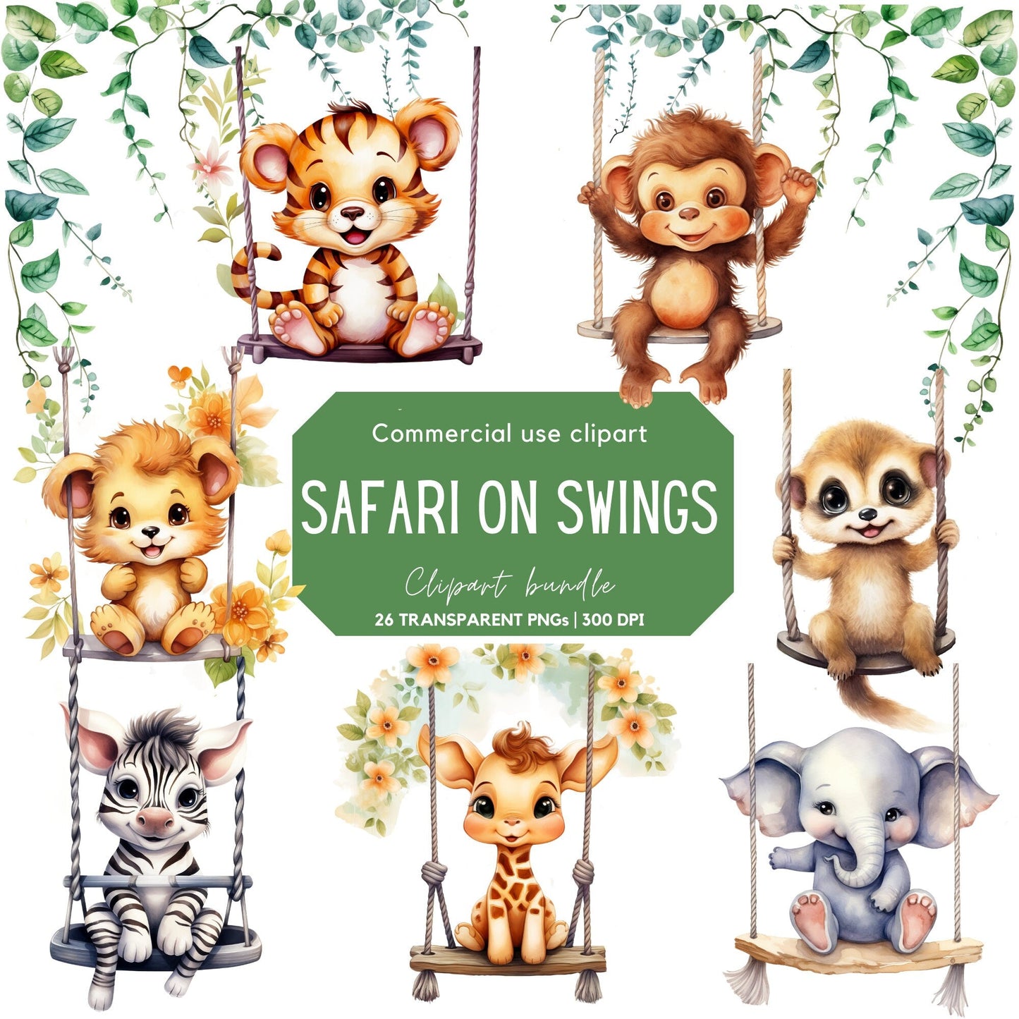 Watercolor Safari Animals on Swings Clipart