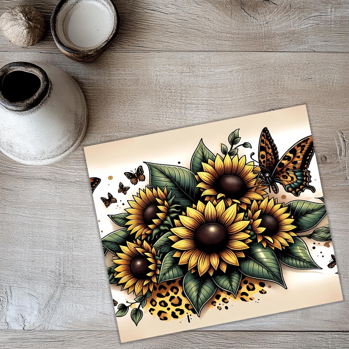 a card with sunflowers and butterflies on it