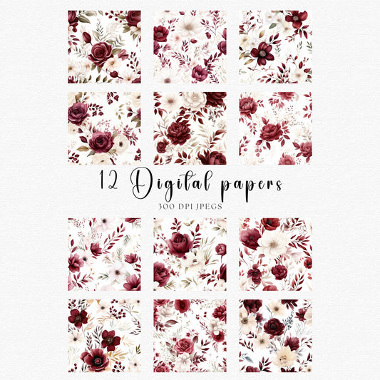 Papeles digitales florales burdeos y blancos