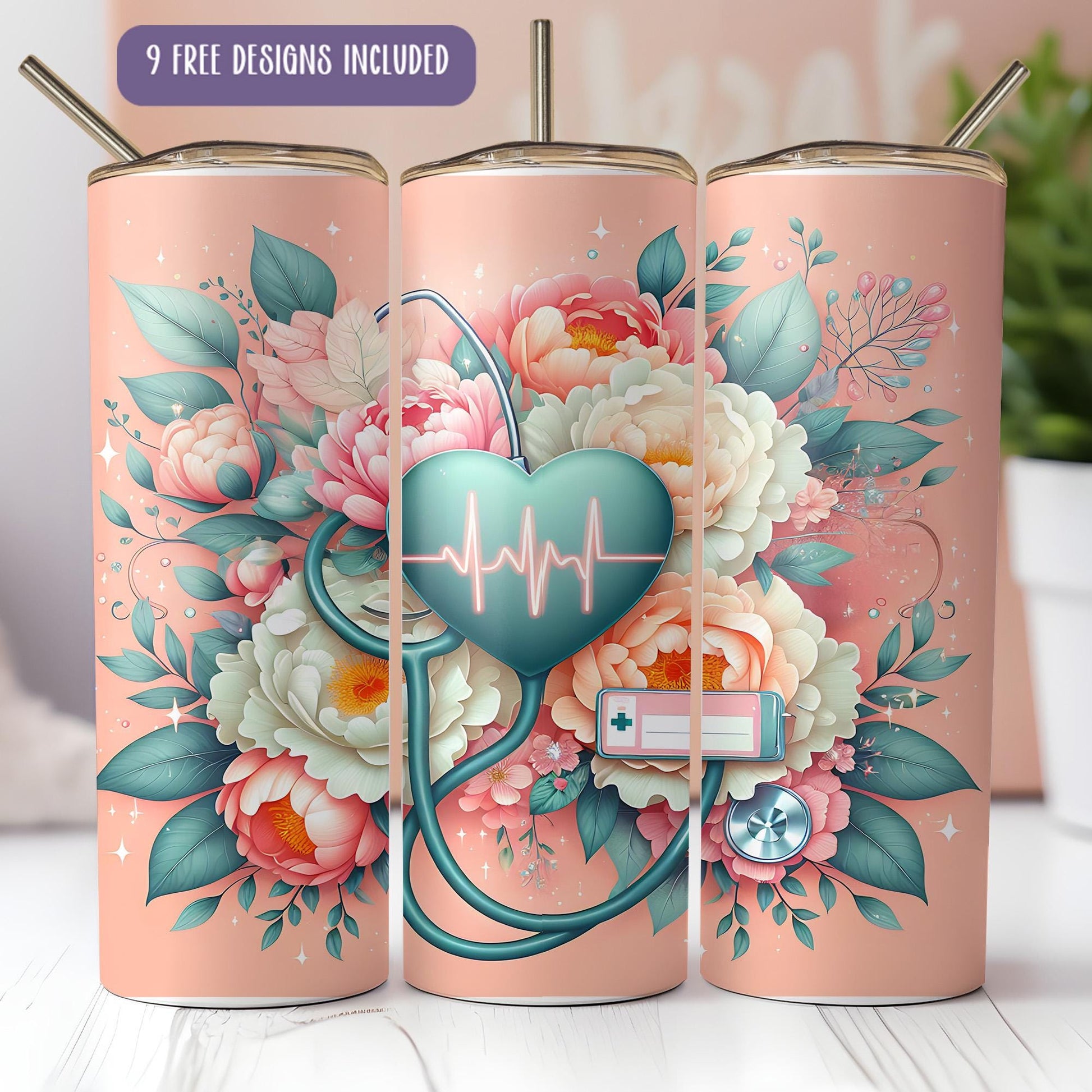 a set of three travel mugs with flowers and a stethoscope