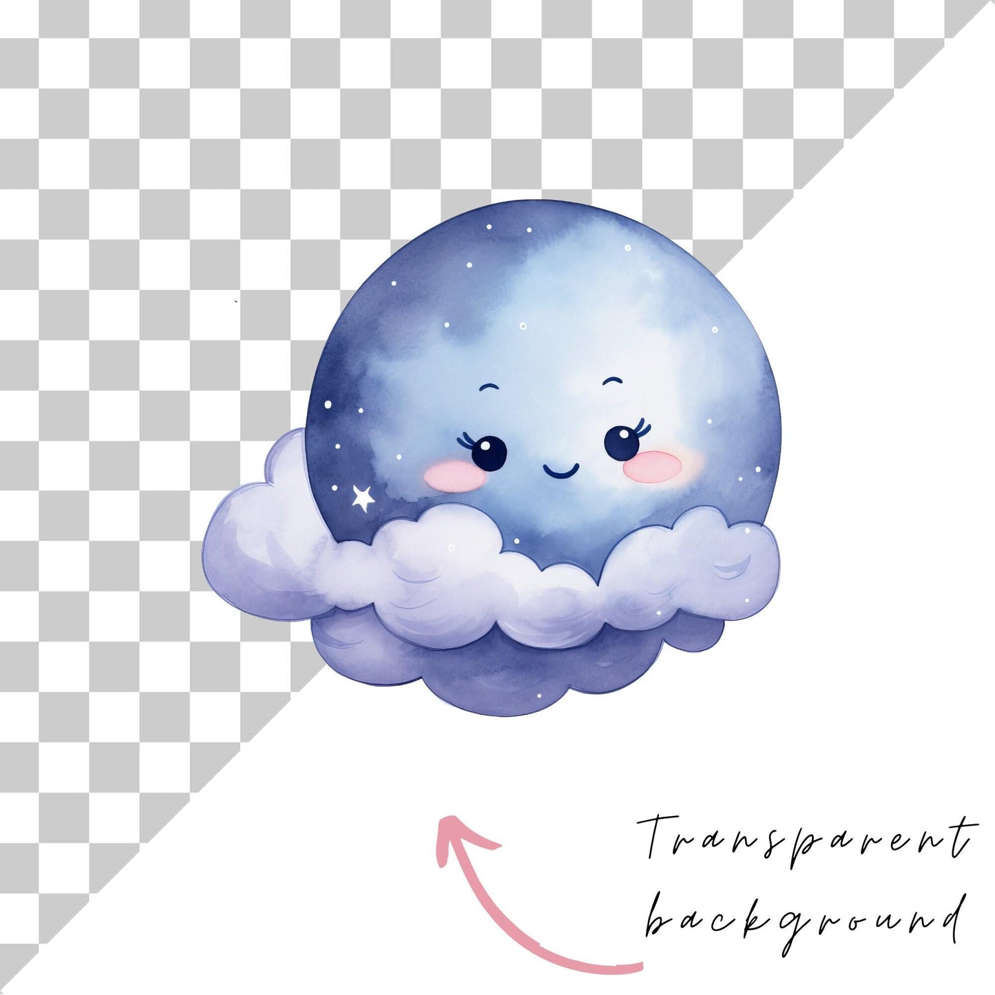 Watercolor Moon Star and Clouds Clipart