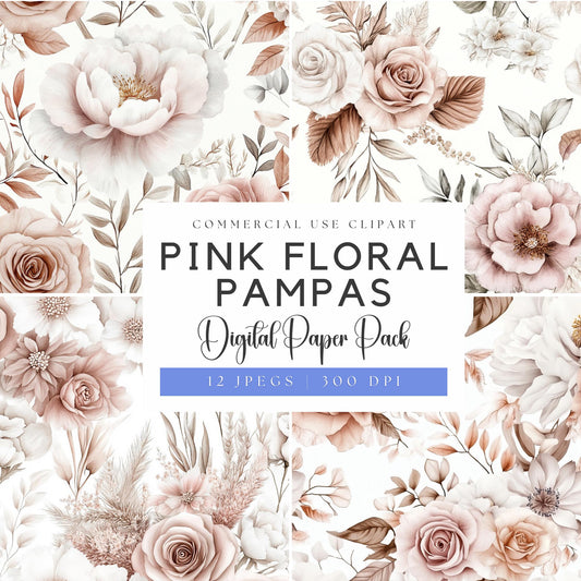 Pink Floral with Pampas Digital Papers