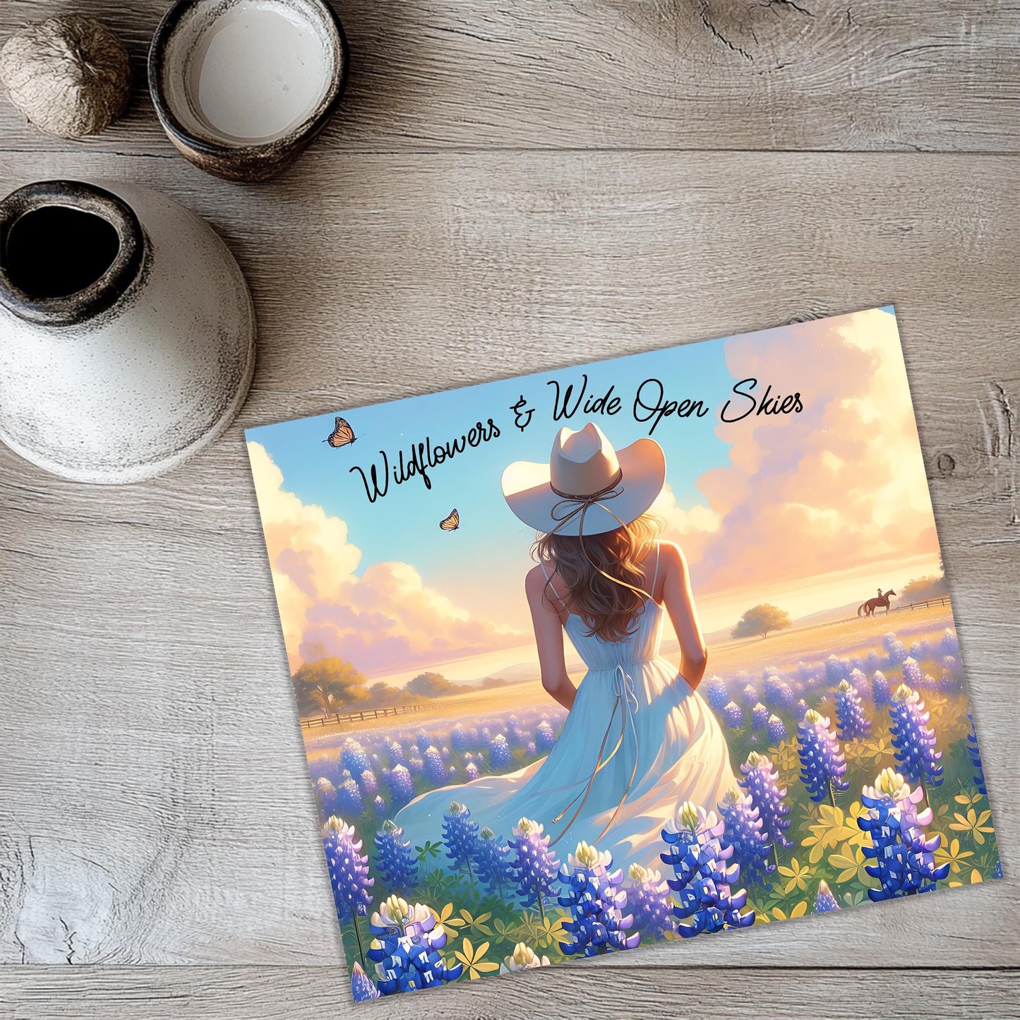 a painting of a woman in a white dress in a field of flowers