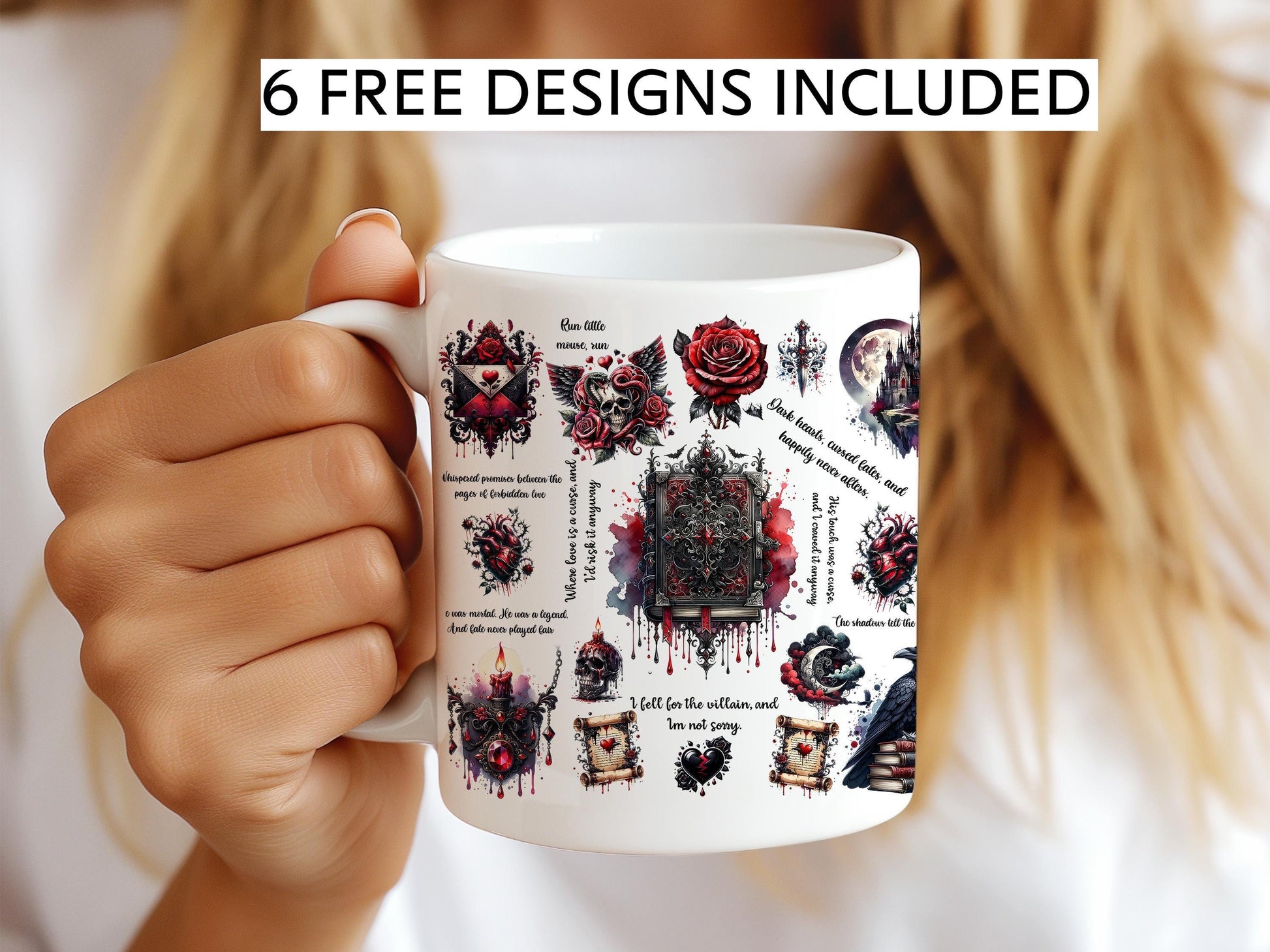 a woman is holding a coffee mug with designs on it