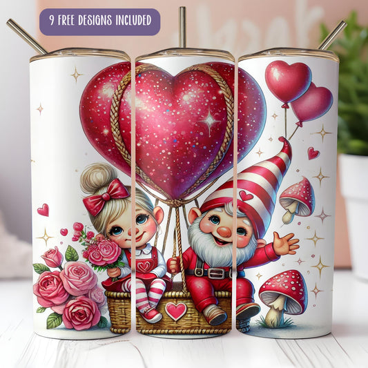 a couple of gnomes riding on top of a red heart shaped balloon