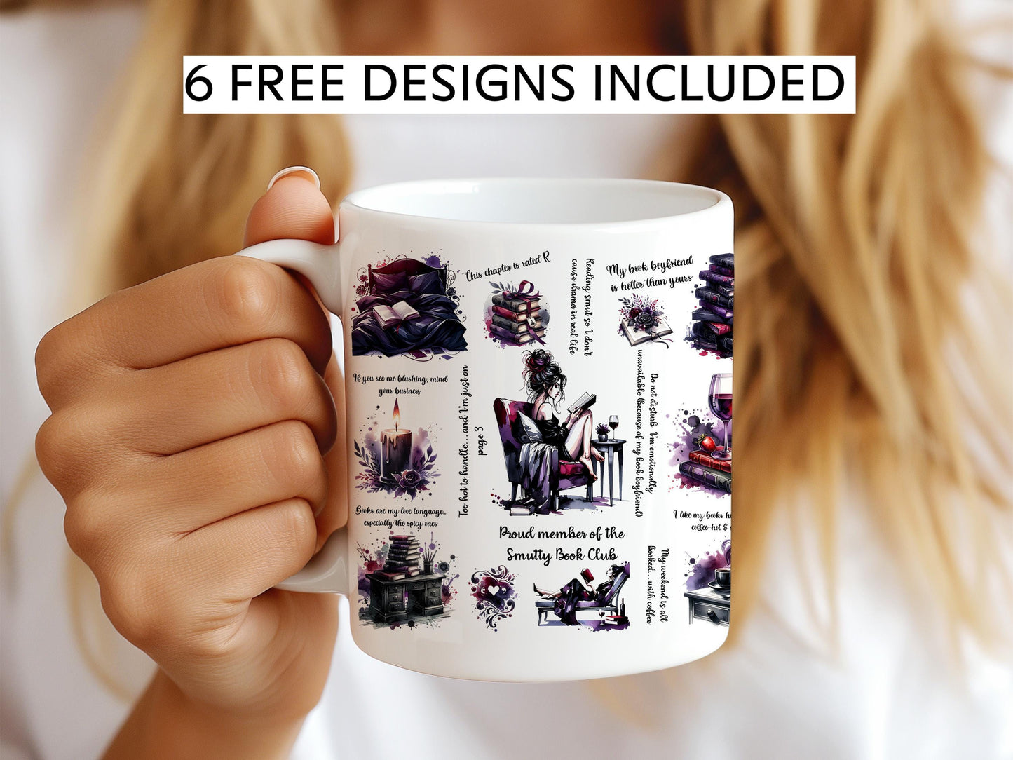 a woman is holding a coffee mug with pictures on it