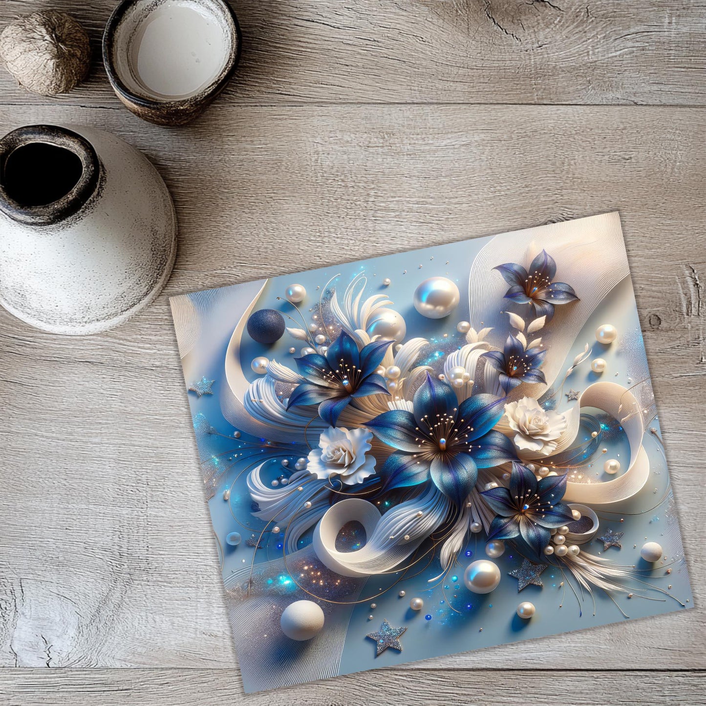 a picture of a blue flower on a table