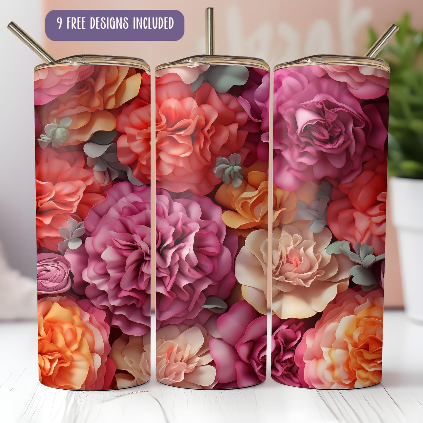 a set of three floral tumbles with straws