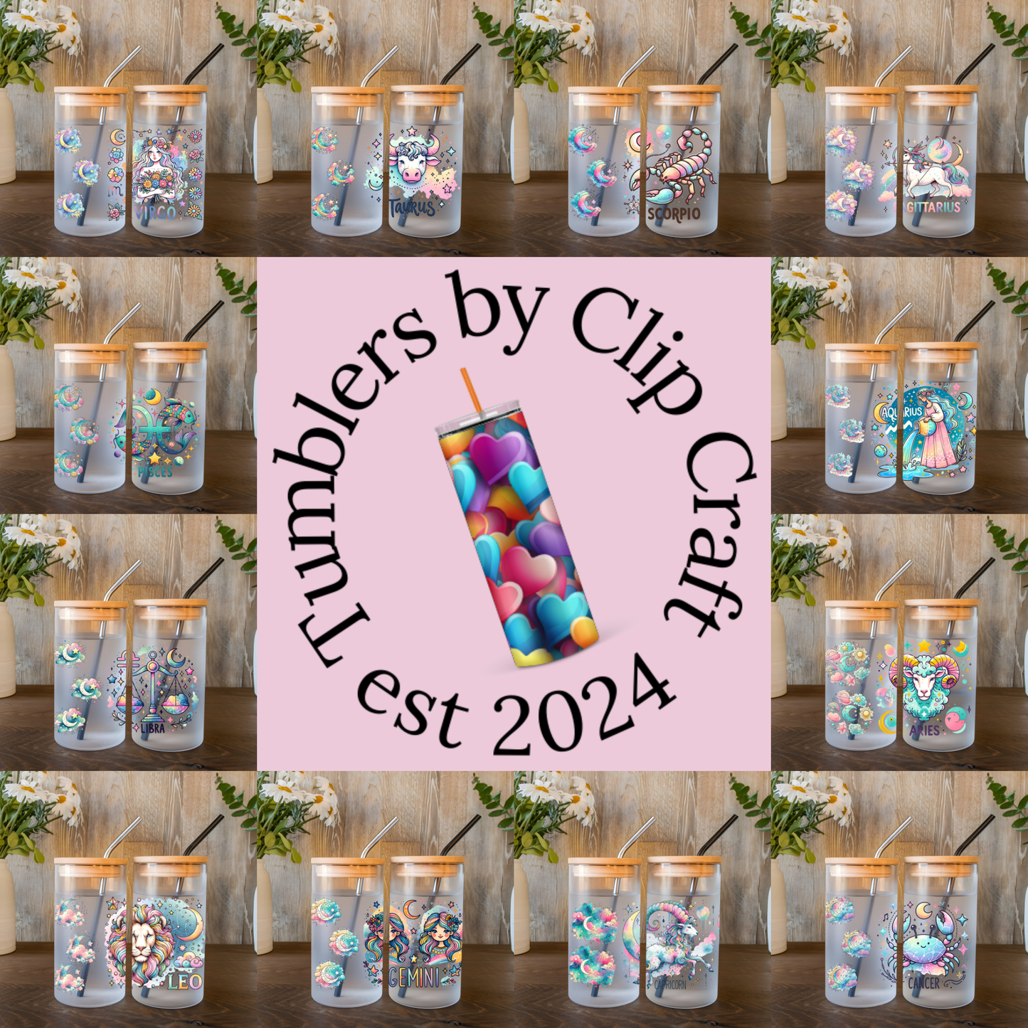 a pink banner with a picture of a tall glass filled with candy