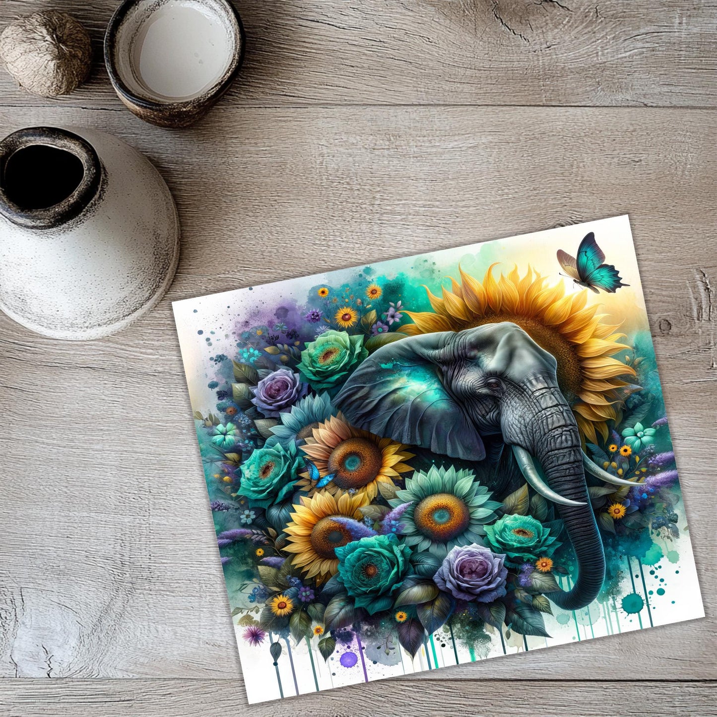 a painting of an elephant surrounded by flowers