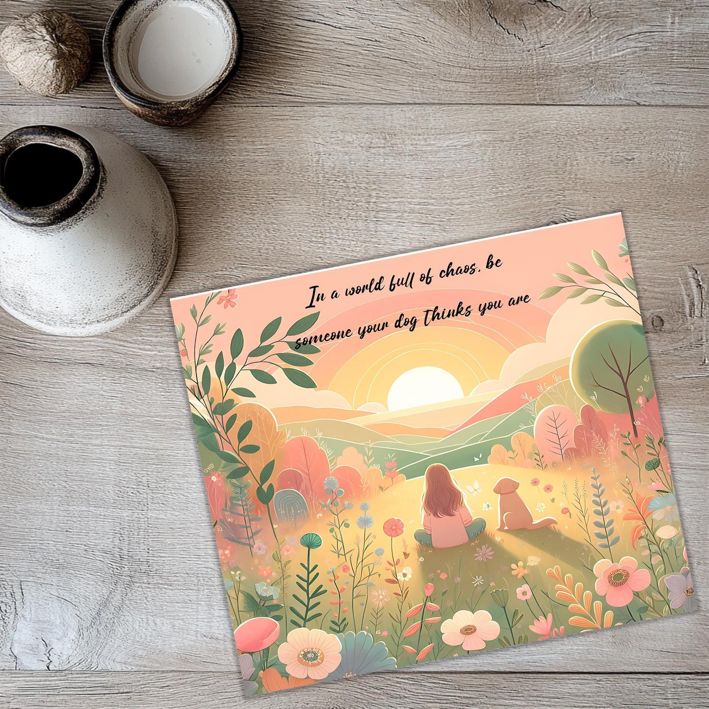 a card with a picture of a woman sitting in a field of flowers