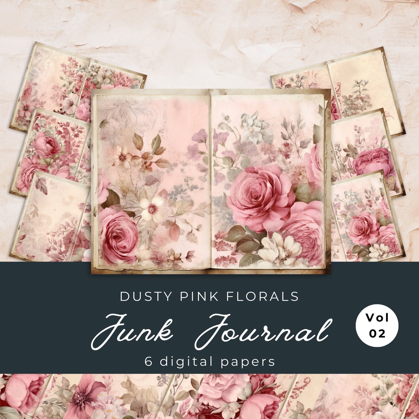 Páginas de diario basura florales en rosa empolvado | 6 páginas de diario digital florales | Álbum de recortes rosa empolvado | Papeles digitales | Tamaño de papel EE. UU. | JJ002