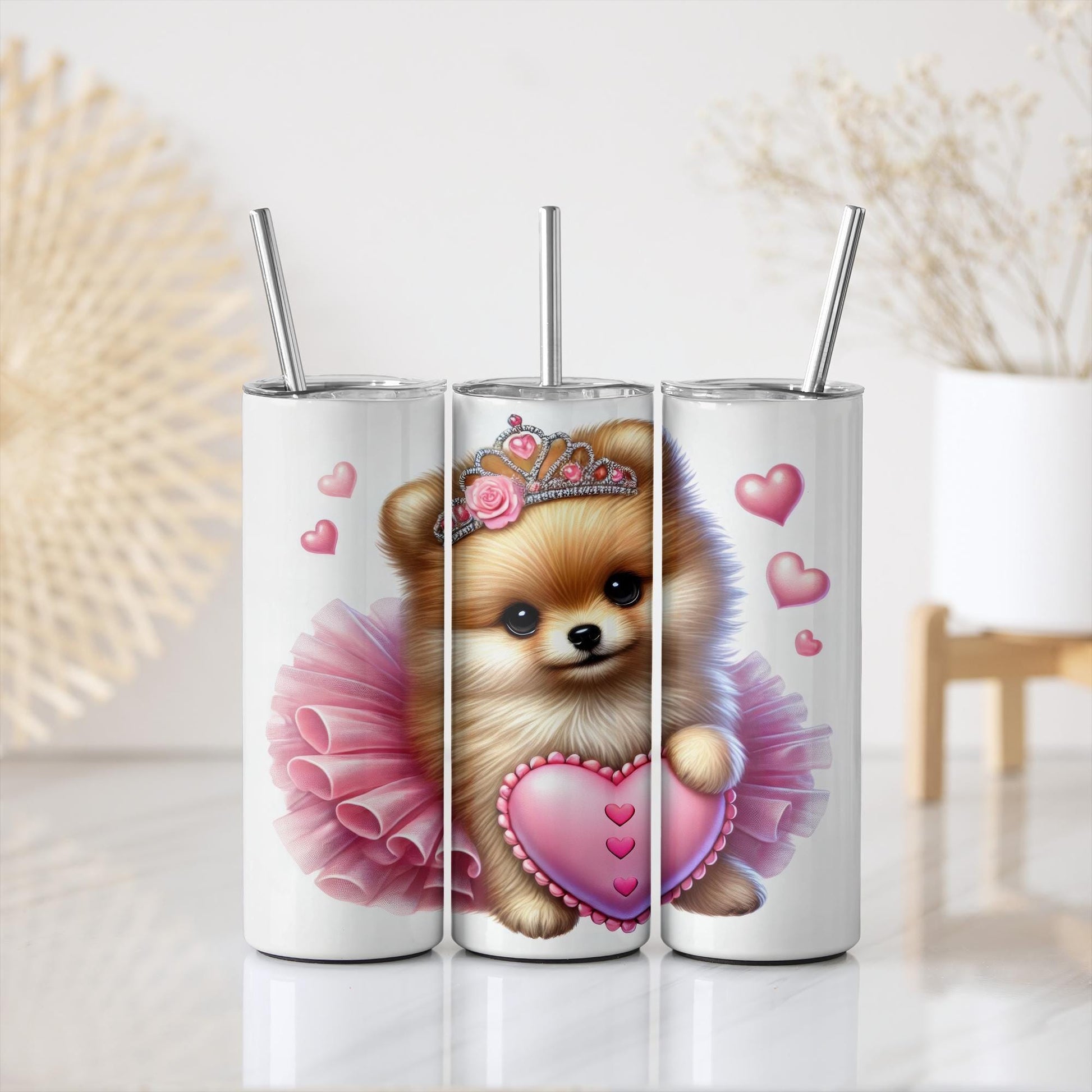a set of three tumbles with a picture of a dog in a pink dress