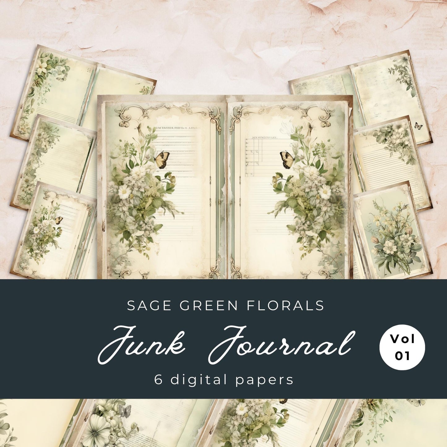 Páginas de diario basura con flores verde salvia